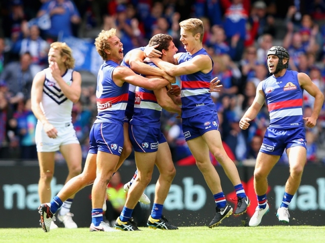 during the round one AFL match between the Western Bulldogs and the Fremantle Dockers at Etihad Stadium on March 27, 2016 in Melbourne, Australia.